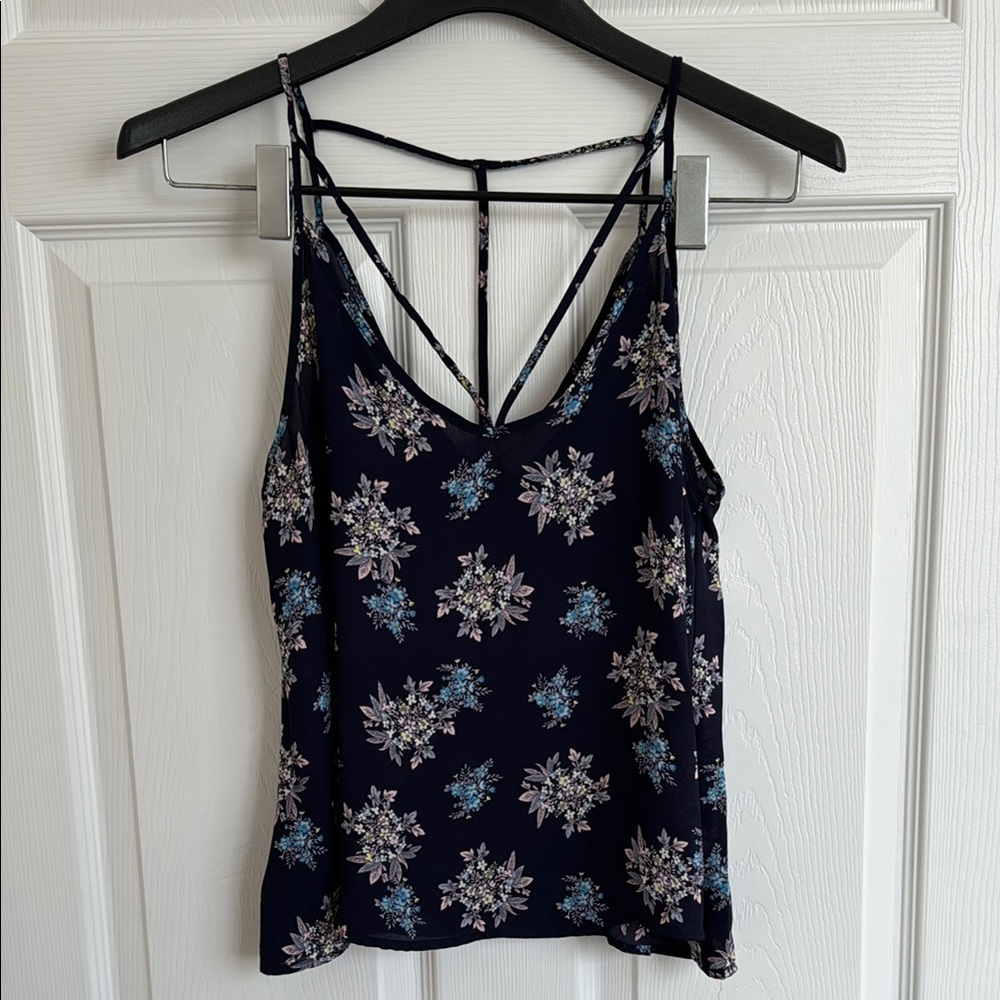 Navy Blue Floral Strappy T-Back V-Neck Camisole